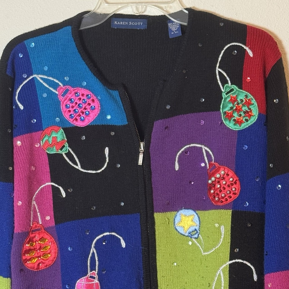 Karen Scott Women's Christmas Sweater L Black Multicolor Ornament Zip Up